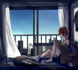 Rule 34 | 1girl, absurdres, acoustic guitar, bare legs, bed, black shorts, blanket, blue sky, building, cellphone, curtains, grab pigeon, guitar, guitar stand, highres, idolmaster, idolmaster million live!, indoors, instrument, jacket, jacket partially removed, julia (idolmaster), kangaroo, looking at phone, messy hair, on bed, phone, pillow, railing, red hair, shirt, short hair, shorts, sitting, sky, sleeveless, sleeveless shirt, solo, stuffed toy