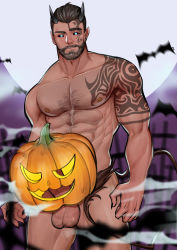 Rule 34 | 1boy, abs, absurdres, aqua eyes, bara, bat (animal), beard, black hair, black sclera, body hair, chest hair, colored sclera, completely nude, cowboy shot, demon boy, demon horns, erection, facial hair, full moon, halloween, halloween costume, happy halloween, highres, horns, jack-o&#039;-lantern, large pectorals, lion tail, looking at viewer, male focus, monster boy, moon, muscular, muscular male, nipples, nude, original, pectorals, penis, peterhl, short hair, shoulder tattoo, solo, tail, tattoo, testicles, thick thighs, thighs, veins, veiny penis