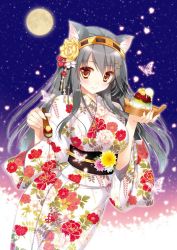 Rule 34 | 1girl, alternate costume, animal ears, breasts, brown eyes, bug, butterfly, cowboy shot, food, grey hair, hair ornament, hairband, hairclip, haruna (kancolle), holding, holding food, holding spoon, bug, japanese clothes, kantai collection, kimono, large breasts, long hair, looking at viewer, moon, night, night sky, shigunyan, sky, smile, solo, spoon, star (sky), starry sky, yukata