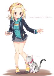Rule 34 | 1girl, animal, bad id, bad pixiv id, bangs pinned back, blazer, blonde hair, blush, bowl, breasts, brown eyes, cat, commentary request, d:, d:&lt;, feeding, full body, hair ornament, hairclip, highres, holding, holding plate, hood, hooded sweater, hoodie, jacket, knees together feet apart, looking at another, looking down, multicolored stripes, nail polish, open clothes, open jacket, open mouth, original, pet, pet bowl, pet food, petite, pigeon-toed, plaid, plaid skirt, plate, pleated skirt, sakuragi ren, simple background, skirt, small breasts, socks, solo, standing, striped clothes, striped socks, sweater, translation request, v-shaped eyebrows, white background, wooden floor, x hair ornament