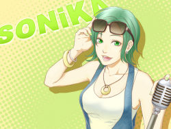 Rule 34 | 1girl, bracelet, earrings, glasses, green eyes, green hair, green nails, jewelry, katsukumi, matching hair/eyes, microphone, microphone stand, nail polish, necklace, short hair, smile, solo, sonika, vocaloid