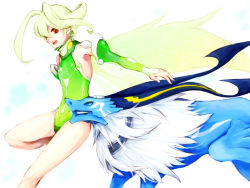 Rule 34 | 1girl, antenna hair, ar tonelico, ar tonelico ii, choma, detached sleeves, fairy wings, frelia (ar tonelico), green hair, leotard, open mouth, red eyes, shun (ar tonelico), solo, wings