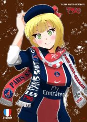 Rule 34 | 10s, 1girl, :p, beret, blonde hair, blush, bow, france, french flag, french text, green eyes, hand on headwear, hat, hat bow, idolmaster, idolmaster cinderella girls, jersey, looking at viewer, miyamoto frederica, nike (company), paris saint-germain, scarf, short hair, simple background, smile, soccer, soccer uniform, solo, sportswear, taka shida, tongue, tongue out