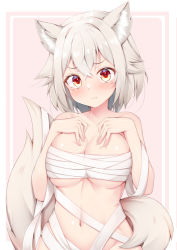 Rule 34 | 1girl, animal ear fluff, animal ears, bandages, bandeau, breasts, chest sarashi, commentary request, inubashiri momiji, large breasts, looking at viewer, red eyes, rururiaru, sarashi, short hair, solo, strapless, tail, touhou, tube top, wolf ears, wolf tail