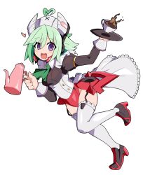 Rule 34 | 1girl, :d, adapted costume, ahoge, armor, armored dress, armored skirt, ascot, azure striker gunvolt 2, black footwear, blush, coffee cup, commentary request, cup, disposable cup, frilled shirt collar, frilled skirt, frilled thighhighs, frills, full body, garter straps, green ascot, green hair, hair between eyes, headgear, heart, heart ahoge, high heels, highres, holding, holding coffee pot, holding plate, juliet sleeves, long sleeves, looking at viewer, maid, maid headdress, open mouth, plate, puffy sleeves, purple eyes, red footwear, ririfu, roro (gunvolt), short hair, showgirl skirt, simple background, skirt, sleeve cuffs, smile, solo, thighhighs, thighs, white background, white skirt, white thighhighs