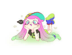 Rule 34 | 1girl, aqua hair, baseball cap, black shirt, blue eyes, bug, butterfly, butterfly on nose, clownfish, colored eyelashes, d:, drooling, eyelashes, fish, frown, full body, gradient hair, green eyes, green skirt, harmony&#039;s clownfish (splatoon), harmony (splatoon), hat, insect, legs up, long hair, lying, miniskirt, multicolored clothes, multicolored eyes, multicolored footwear, multicolored hair, multicolored hat, nintendo, on stomach, open mouth, pink hair, pleated skirt, purple pupils, shirt, shoes, short sleeves, sideways hat, skirt, solo, splatoon (series), striped clothes, striped headwear, t-shirt, tentacle hair, teo (teorekka), two-tone hair, very long hair, white butterfly