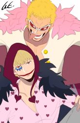 Rule 34 | 2boys, blonde hair, brothers, coat, coat on shoulders, donquixote doflamingo, donquixote rocinante, earrings, feather coat, fur coat, hair slicked back, hat, heart, heart print, highres, hood, jewelry, looking at viewer, makeup, male focus, multiple boys, oh no 66, one piece, open mouth, pink coat, red hood, shirt, short hair, siblings, smile, sunglasses, tinted eyewear, white-framed eyewear, white shirt