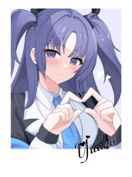 Rule 34 | 1girl, blazer, blue archive, blue necktie, character name, coat, collared shirt, commentary, english commentary, halo, heart, heart hands, highres, jacket, lengkuass, long hair, long sleeves, looking at viewer, necktie, open clothes, open coat, parted bangs, parted lips, purple eyes, purple hair, school uniform, shirt, sidelocks, simple background, solo, triangle hair ornament, two-tone background, two side up, white coat, white shirt, yuuka (blue archive)