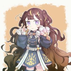 Rule 34 | 1girl, absurdres, ahoge, anya melfissa, anya melfissa (1st costume), blush, bow, bowtie, breasts, brown hair, commentary request, detached sleeves, earrings, eyes visible through hair, frilled sleeves, frills, highres, hololive, hololive indonesia, huge filesize, jewelry, kris hair ornament, long hair, looking at viewer, multicolored hair, purple eyes, renyue (blade moon), sideboob, sidelocks, simple background, smile, solo, streaked hair, two-tone background, two-tone hair, two side up, virtual youtuber, wavy hair
