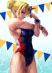 Rule 34 | 1girl, alternate costume, alternate hairstyle, bare arms, bare shoulders, blonde hair, blue background, breasts, chain, competition swimsuit, cowboy shot, cuffs, eyelashes, fang, fang out, gradient background, hair bun, highres, horns, hoshiguma yuugi, looking at viewer, medium breasts, muscular, muscular female, one-piece swimsuit, pink eyes, pointy ears, profile, single hair bun, single horn, solo, star (symbol), swimsuit, touhou, water, yasaidon