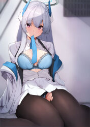 Rule 34 | 1girl, absurdres, blue archive, blue bra, blue necktie, bra, breasts, commentary request, grey hair, halo, highres, long hair, looking at viewer, mechanical halo, medium breasts, mouth hold, necktie, noa (blue archive), pantyhose, purple eyes, sezok, shirt, sitting, solo, torn clothes, torn pantyhose, underwear, white shirt
