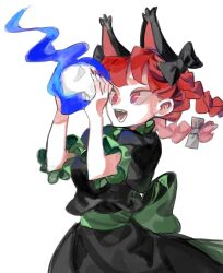Rule 34 | 1girl, :d, absurdres, animal ears, back bow, black bow, black dress, bow, braid, cat ears, dress, extra ears, fang, fingernails, frills, ghost, green bow, green dress, highres, hitodama, holding, holding skull, kaenbyou rin, long fingernails, no pupils, nunrb, open mouth, puffy short sleeves, puffy sleeves, red eyes, red hair, red nails, sharp fingernails, short sleeves, simple background, sketch, skull, smile, teeth, touhou, tsurime, twin braids, white background