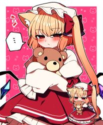 Rule 34 | ..., 1girl, absurdres, animal ear fluff, animal ears, blonde hair, blush, cat ears, closed mouth, crystal, dress, flandre scarlet, frilled dress, frilled sleeves, frills, hat, highres, long hair, mob cap, multiple views, red dress, red eyes, shirt, sleeves past fingers, sleeves past wrists, spoken ellipsis, stuffed animal, stuffed toy, teddy bear, touhou, white headwear, white shirt, wings, you (noanoamoemoe)