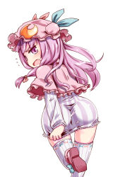 Rule 34 | 1girl, ass, blush, boots, dress, dress tug, from behind, hat, long hair, looking back, mayuge inu, open mouth, patchouli knowledge, purple eyes, purple hair, running, short dress, simple background, thighhighs, touhou, zettai ryouiki