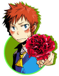 Rule 34 | 1boy, blue eyes, blue vest, blush, braid, brown hair, carnation, closed mouth, ascot, flower, giving, holding, holding flower, hong meiling, if they mated, izayoi sakuya, kyouno, looking at viewer, male focus, mother&#039;s day, red hair, shirt, single braid, solo, spiked hair, sweatdrop, touhou, upper body, vest, wavy mouth, white shirt