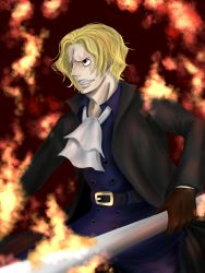 Rule 34 | 1boy, absurdres, ascot, belt, blonde hair, buttons, double-breasted, fire, gloves, gradient background, highres, male focus, one piece, polearm, sabo (one piece), solo, staff, weapon