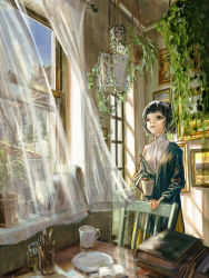 Rule 34 | 1girl, absurdres, black hair, book, book stack, chair, coffee mug, collared shirt, commentary request, cup, curtains, day, green eyes, green shirt, highres, indoors, jar, long sleeves, mug, one eye closed, original, painting (object), parted lips, pencil, plant, plate, potted plant, shirt, short hair, skirt, solo, table, white shirt, window, yellow skirt, yuu akine