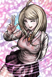 Rule 34 | 1girl, ;d, ahoge, akamatsu kaede, arm behind back, blonde hair, collared shirt, danganronpa (series), danganronpa v3: killing harmony, fortissimo, hair ornament, highres, long hair, long sleeves, looking at viewer, miniskirt, minster (dooke), musical note, musical note hair ornament, musical note print, official style, one eye closed, open mouth, orange neckwear, pink eyes, pink sweater, pleated skirt, print skirt, purple skirt, sample watermark, shirt, skirt, smile, solo, standing, sweater, sweater vest, swept bangs, w, watermark, white shirt, wing collar