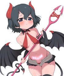 Rule 34 | 1girl, alternate costume, black hair, black thighhighs, blue eyes, blush, breasts, cleavage, closed mouth, collarbone, demon girl, demon horns, demon tail, demon wings, fang, grey shorts, highres, horns, kaban (kemono friends), kemono friends, looking at viewer, navel, pitchfork, ransusan, shiny skin, short hair, shorts, simple background, slingshot swimsuit, small breasts, solo, swimsuit, tail, thighhighs, white background, wings