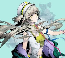 Rule 34 | 1girl, arknights, baishousuan, bare shoulders, blue background, brown eyes, closed mouth, crop top, fartooth (arknights), fartooth (hear the wind sing) (arknights), floating hair, green jacket, green shirt, grey hair, hat, highres, jacket, long hair, open clothes, open jacket, peaked cap, shirt, solo, very long hair, white hat