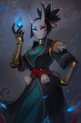 Rule 34 | 1girl, artist name, black hair, bracer, chinese clothes, coat, collar, facing viewer, fortnite, gauntlets, glint, grey background, hand on own hip, highres, horned mask, magic, mask, matilda fiship, original, ponytail, sash, solo, standing