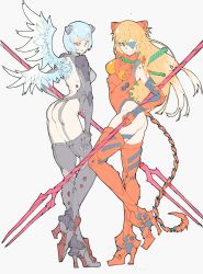 Rule 34 | 2girls, adapted costume, ass, ayanami rei, bident, blue hair, boots, breasts, closed mouth, eyepatch, garter straps, green eyes, high heel boots, high heels, highleg, highleg leotard, highres, interface headset, lance of longinus (evangelion), le (1927822le), leotard, long hair, looking at viewer, multiple girls, neon genesis evangelion, open mouth, orange hair, plugsuit, polearm, red eyes, short hair, simple background, souryuu asuka langley, tail, thighhighs, wide hips, wings