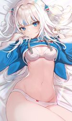 Rule 34 | 1girl, blue eyes, blue hair, blue jacket, blunt bangs, blush, bra, breasts, clothes lift, gawr gura, hair ornament, highres, hololive, hololive english, jacket, jacket lift, looking at viewer, lying, moth1, multicolored hair, navel, on back, panties, small breasts, solo, thighs, two-tone hair, two side up, underwear, virtual youtuber, white bra, white panties