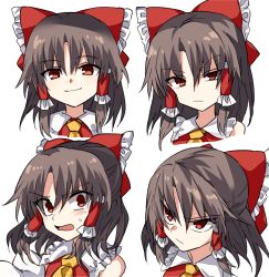 Rule 34 | 1girl, ascot, blush, bow, brown hair, closed mouth, expressions, eyes visible through hair, frilled bow, frilled shirt collar, frills, glaring, hair between eyes, hair bow, hair tubes, hakurei reimu, looking at viewer, looking away, manarou, medium hair, multiple views, open mouth, portrait, red bow, red eyes, red vest, sanpaku, simple background, slit pupils, smile, surprised, touhou, tsurime, v-shaped eyebrows, vest, white background, wing collar, yellow ascot