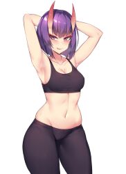 Rule 34 | 1girl, armpits, arms behind head, breasts, demon horns, fate (series), highres, horns, legs, looking at viewer, medium breasts, midriff, naughty face, navel, pants, purple eyes, purple hair, short hair, shuten douji (fate), smile, solo, sports bra, sportswear, sweat, thick thighs, thighs, tongue, tongue out, yoga pants