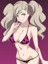 Rule 34 | 10s, 1girl, bikini, blue eyes, breasts, closed mouth, collarbone, cowboy shot, gradient background, grey hair, hair ornament, hairclip, index finger raised, large breasts, long hair, looking at viewer, navel, persona, persona 5, purple background, purple bikini, ra-pen, smile, solo, string bikini, swept bangs, swimsuit, takamaki anne, twintails