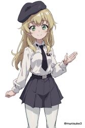 1girl anzio_school_uniform black_necktie blonde_hair blush breasts carpaccio_(girls_und_panzer) closed_mouth girls_und_panzer green_eyes hat highres long_hair looking_at_viewer munisuke_(zrkt7883) necktie pantyhose school_uniform simple_background small_breasts smile solo white_background white_pantyhose