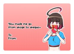 Rule 34 | ahoge, bob cut, brown hair, card (medium), commentary, cropped shirt, crystal, english commentary, english text, gift, gradient hair, hair ornament, hairclip, holding, holding gift, huge ahoge, jewelry, midriff, multicolored hair, nanohara touko, navel, necklace, off-shoulder shirt, off shoulder, original, pendant, red eyes, red hair, shirt, upper body, x hair ornament