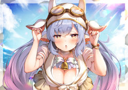 Rule 34 | 1girl, animal ears, bell, blue hair, blush, breasts, brown eyes, catura (granblue fantasy), cleavage, collarbone, cow ears, cow girl, cow horns, draph, ear piercing, goggles, goggles on head, gradient hair, granblue fantasy, hair between eyes, horns, jewelry, large breasts, long hair, looking at viewer, multicolored hair, open mouth, piercing, pilokey, pointy ears, purple hair, ring, solo, swimsuit, twintails, very long hair