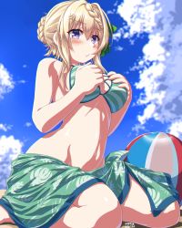 Rule 34 | 1girl, ball, bare arms, bare shoulders, beachball, bikini, blonde hair, blue sky, blush, braid, braided bangs, braided bun, breasts, cloud, commentary request, day, dd (ijigendd), grabbing, grabbing another&#039;s breast, grabbing own breast, hair bun, kantai collection, large breasts, looking at viewer, navel, outdoors, perth (kancolle), purple eyes, sarong, short hair, single hair bun, sitting, sky, solo, striped bikini, striped clothes, swimsuit, wariza, wavy mouth