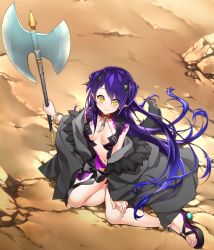 Rule 34 | 1girl, absurdres, anklet, axe, bangle, black bow, bow, bracelet, breasts, breasts apart, cloak, closed mouth, from above, full body, hair bow, hand on own knee, highres, holding, holding axe, jewelry, long hair, looking at viewer, masami (souzou jinsei sanka), navel, on ground, original, pointy ears, purple hair, sandals, sitting, smile, solo, two side up, very long hair, yellow eyes