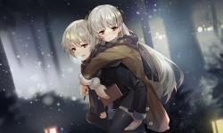 Rule 34 | 1boy, 1girl, black jacket, black scarf, blurry, blurry background, book, brown coat, carrying, carrying over shoulder, closed mouth, coat, commentary request, fur-trimmed coat, fur trim, half-closed eyes, highres, holding, holding book, holding pen, jacket, long hair, long sleeves, looking at viewer, night, open mouth, original, outdoors, pen, piggyback, red eyes, scarf, shared clothes, shared scarf, short hair, silver hair, smile, snow, snowing, tareme, tsubasa19900920, winter, winter clothes, winter coat