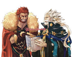 Rule 34 | 2boys, beard, book, cape, closed eyes, crossed arms, facial hair, fate/grand order, fate (series), fur-trimmed cape, fur trim, grey hair, highres, holding, holding book, iskandar (fate), kino0nok0, laughing, male focus, multiple boys, ptolemy (fate), red hair, robe, twitter username, white background