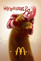 Rule 34 | 1boy, afro, bad food, batman (series), burger, creepy, dc comics, english text, facepaint, food, gloves, horror (theme), ketchup, lowres, male focus, man (trance), mcdonald&#039;s, parody, red hair, ronald mcdonald, satire, short hair, smile, solo, striped, the dark knight, the joker, why so serious, yellow gloves