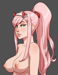 Rule 34 | 10s, 1girl, alternate hairstyle, aqua eyes, arms at sides, breasts, cleavage, collarbone, commission, darling in the franxx, djcomps, female focus, horns, large breasts, lips, looking at viewer, neck, nipples, nude, parted lips, pink hair, ponytail, sidelocks, solo, upper body, zero two (darling in the franxx)