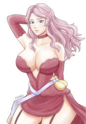Rule 34 | 1girl, arm behind back, arm behind head, arm up, azukei, bag, bare shoulders, black clover, breasts, choker, cleavage, collarbone, dress, elbow gloves, female focus, floating hair, garter straps, gloves, huge breasts, light purple hair, lips, long dress, long hair, looking at viewer, neck, parted lips, purple eyes, red choker, red dress, red gloves, smile, solo, standing, strapless, strapless dress, swept bangs, vanessa enoteca