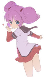 Rule 34 | 1girl, black sailor collar, blue eyes, blush, brown dress, closed mouth, commentary, cropped legs, dress, from behind, hair bobbles, hair ornament, hand up, heart, highres, jacket, jigatei (omijin), layered sleeves, long sleeves, looking at viewer, looking back, nanamori school uniform, pink hair, sailor collar, school uniform, short over long sleeves, short sleeves, simple background, solo, symbol-only commentary, twintails, white background, white jacket, yoshikawa chinatsu, yuru yuri