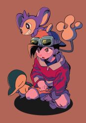 Rule 34 | 1boy, :o, aipom, backwards hat, black hair, bright pupils, brown background, brown eyes, commentary request, creatures (company), cyndaquil, ethan (pokemon), game freak, gen 2 pokemon, goggles, goggles on headwear, hat, highres, jacket, knees, long sleeves, male focus, nintendo, ok ko19, on head, open mouth, pokemon, pokemon (creature), pokemon adventures, pokemon on head, short hair, shorts, squatting, white pupils