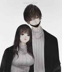 Rule 34 | 1boy, 1girl, aoi ogata, artist name, black hair, black jacket, breasts, closed mouth, grey background, head tilt, highres, jacket, lips, long hair, looking at viewer, medium breasts, open clothes, open jacket, original, red lips, ribbed sweater, simple background, sweater, upper body, white sweater