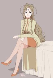 Rule 34 | 1girl, aa megami-sama, absurdres, antenna hair, bed, bed sheet, belldandy, brown hair, closed mouth, crossed legs, facial mark, forehead mark, high heels, highres, long hair, looking at viewer, on bed, pantyhose, pencil skirt, pumps, r3dfive, see-through, see-through legwear, shoes, simple background, sitting, skirt, smile, solo, stiletto heels, thighhighs, thighs