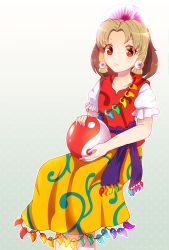 Rule 34 | 1girl, absurdres, bob cut, commentary, dungeon toaster, feet out of frame, frown, gradient background, grey background, hair ornament, highres, holding orb, light brown hair, looking at viewer, magatama, orb, parted bangs, patterned clothing, puffy short sleeves, puffy sleeves, red eyes, red vest, sash, shirt, short hair, short sleeves, sidelocks, sitting, skirt, solo, tamatsukuri misumaru, tiara, touhou, vest, white shirt, yellow skirt, yin yang, yin yang orb