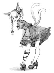 Rule 34 | 1girl, 80isiiii, absurdres, animal ears, blush, braid, cat ears, cat tail, dress, extra ears, frilled dress, frills, full body, greyscale, high heels, highres, juliet sleeves, kaenbyou rin, long hair, long sleeves, monochrome, multiple tails, open mouth, puffy sleeves, simple background, smile, solo, tail, touhou, twin braids, two tails, white background
