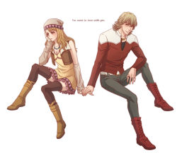 Rule 34 | 10s, 1boy, 1girl, bare shoulders, barnaby brooks jr., beanie, blonde hair, boots, brown eyes, brown thighhighs, detached sleeves, dress, glasses, green eyes, hat, jacket, jewelry, karina lyle, lunarclinic, necklace, red jacket, thighhighs, tiger &amp; bunny, vest