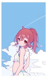 Rule 34 | absurdres, ahoge, bikini, cloud, contrail, food, food in mouth, frilled bikini, frills, from side, highres, idolmaster, idolmaster shiny colors, komiya kaho, lemon print, long hair, looking back, outdoors, ponytail, popsicle, red eyes, red hair, sky, solo, soushitsuchang, swimsuit, upper body