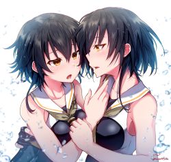 Rule 34 | 2girls, absurdres, artist name, asymmetrical hair, baileys (tranquillity650), black gloves, black hair, black one-piece swimsuit, blush, collarbone, gloves, hair between eyes, highres, i-13 (kancolle), i-14 (kancolle), kantai collection, multiple girls, one-piece swimsuit, open mouth, partially fingerless gloves, sailor collar, school swimsuit, short hair, signature, simple background, swimsuit, twitter username, upper body, white background, white sailor collar, yellow eyes