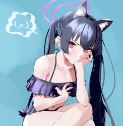 Rule 34 | 1girl, animal ear fluff, animal ears, bare shoulders, bikini, black bikini, black hair, blue archive, blue background, cat ears, closed mouth, collarbone, crossed legs, dot nose, extra ears, feet out of frame, flat chest, frilled bikini, frills, frown, halo, hand on own chest, hand on own chin, head rest, highres, likeayamada, long hair, looking at viewer, navel, off-shoulder bikini, off shoulder, red eyes, serika (blue archive), serika (swimsuit) (blue archive), sitting, solo, swimsuit, twintails